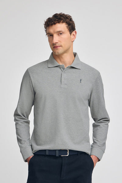 polo club Gemêleerd grijze polo met lange mouwen drie knopen en geborduurd Rigby Go-logo