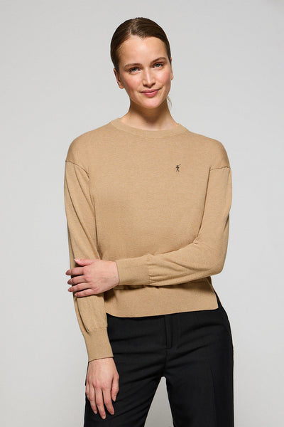 polo club Gemêleerd karamelkleurige gebreide trui met ronde hals en geborduurd Rigby Go-logo