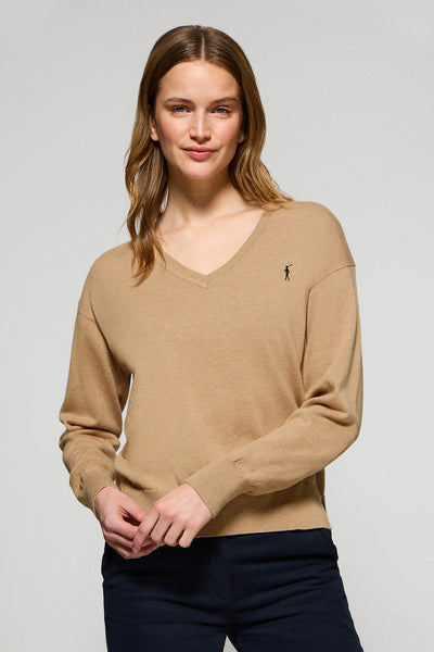 polo club Gemêleerd karamelkleurige gebreide trui met V-hals en geborduurd Rigby Go-logo