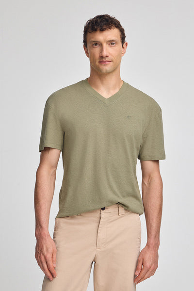 polo club Groen T-shirt van linnen en katoen met V-hals en geborduurd monogram