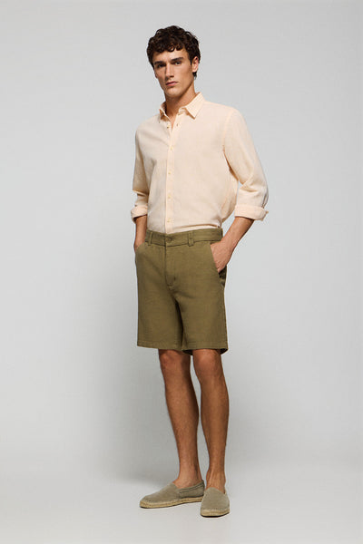 polo club Kaki short 'Bali' van katoen-linnen met geborduurde Polo Club-details