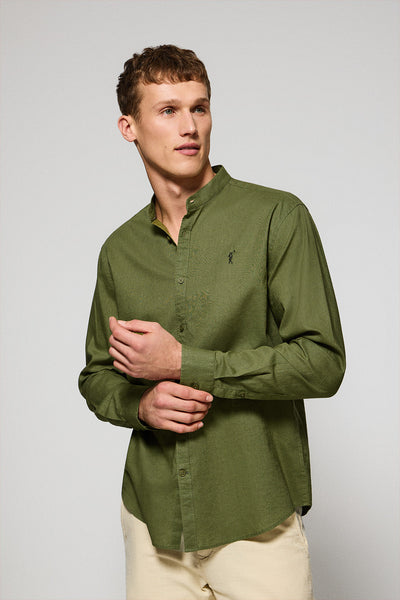 polo club Kakikleur hemd met mao-kraag van linnen en katoen met geborduurd Rigby Go-logo