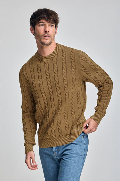 polo club Karamelkleurige kabeltrui met garment dye en geborduurd logo