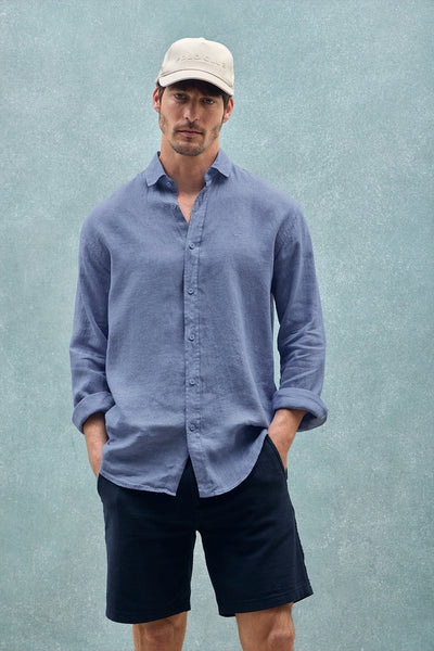 polo club Koningsblauw linnen hemd met garment dye en geborduurd monogram