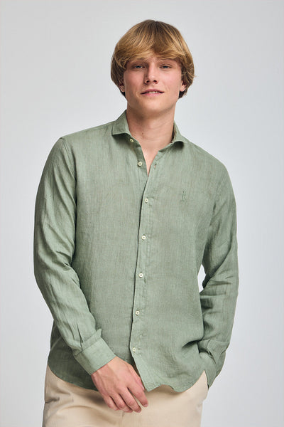 polo club Legergroen linnen hemd met garment dye en geborduurd Rigby Best