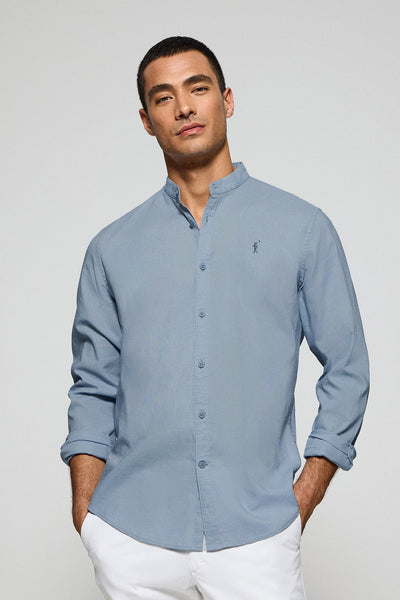 polo club Lichtblauw hemd met mao-kraag van linnen en katoen met geborduurd Rigby Go-logo