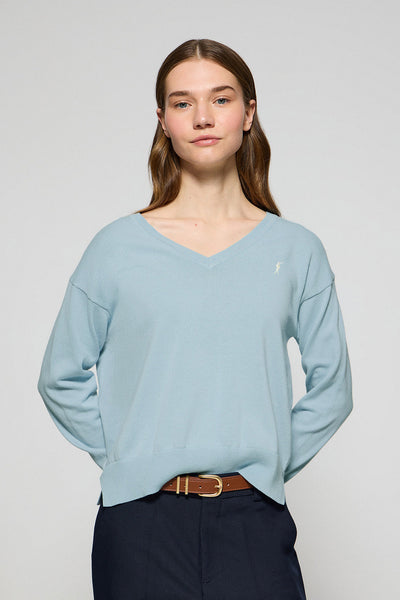 polo club Lichtblauwe gebreide trui met V-hals en geborduurd Rigby Go-logo