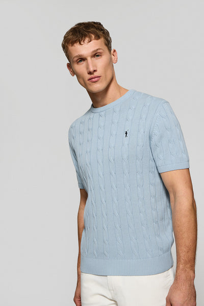 polo club Lichtblauwe kabeltrui met korte mouwen en geborduurd logo