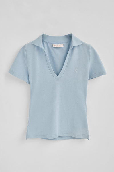 polo club Lichtblauwe polo van katoen en linnen zonder knopen met geborduurd Rigby Go-logo