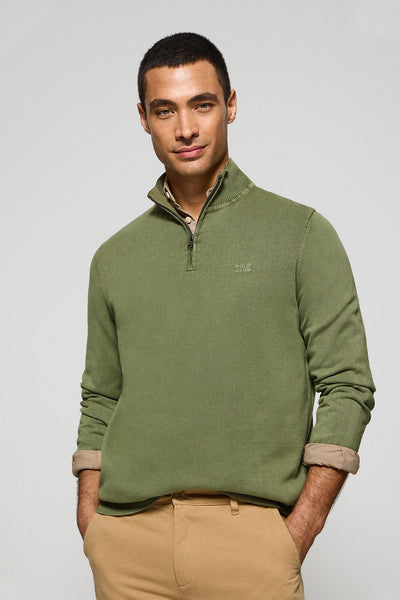 polo club Lichtgroene trui met korte ritssluiting garment dye en geborduurd logo