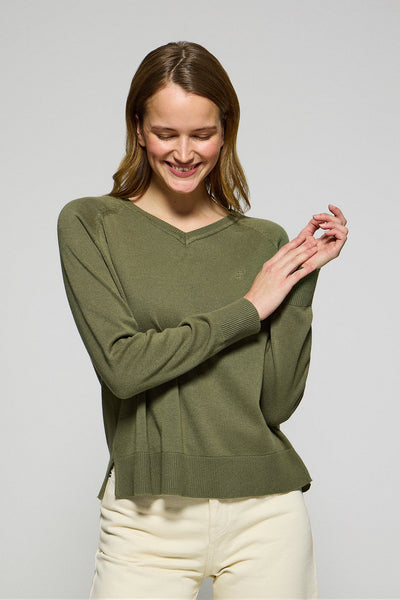 polo club Lichtgroene trui van katoen en linnen met V-hals en geborduurd monogram