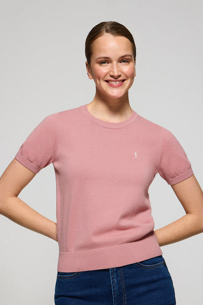 polo club Lichtroze gebreide trui met korte mouwen ronde hals en geborduurd Rigby Go-logo