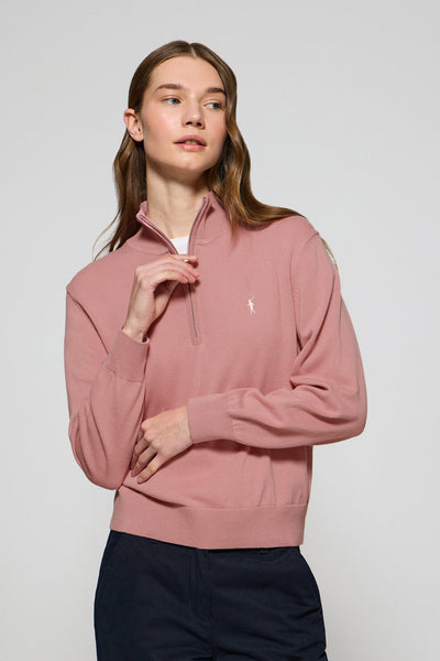 polo club Lichtroze gebreide trui met korte ritssluiting en geborduurd Rigby Go-logo