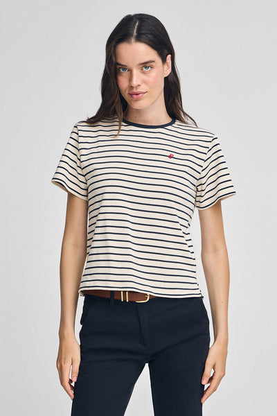 polo club Marineblauw en beige gestreept T-shirt met geborduurd monogram