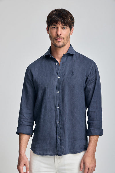 polo club Marineblauw linnen hemd met garment dye en geborduurd Rigby Best