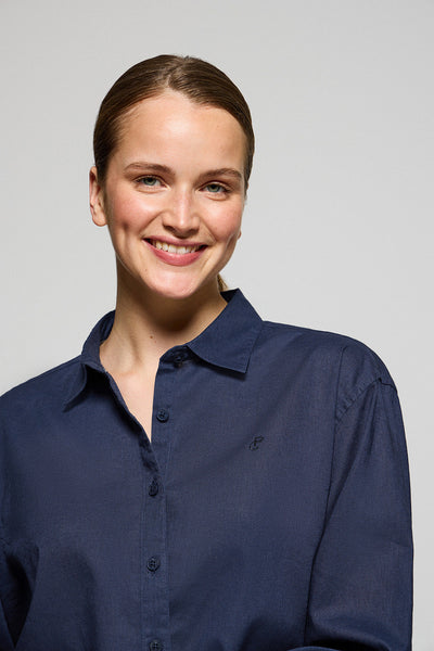 polo club Marineblauw loose fit hemd van linnen en katoen met geborduurd monogram