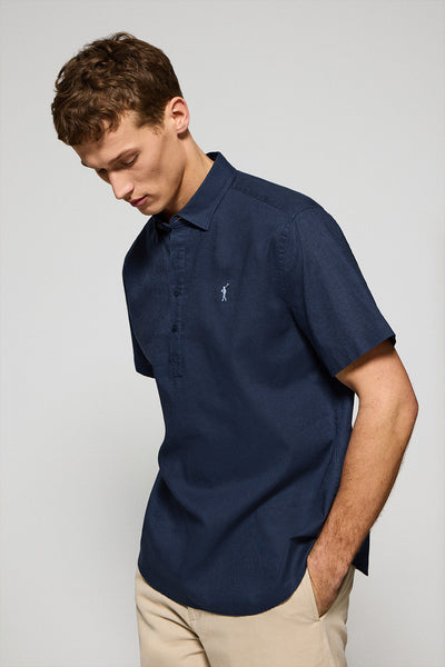 polo club Marineblauw poloshirt van linnen en katoen met geborduurd Rigby Go-logo