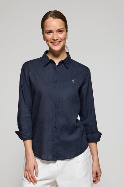 polo club Marineblauw regular fit hemd van linnen en katoen met geborduurd Rigby Go-logo