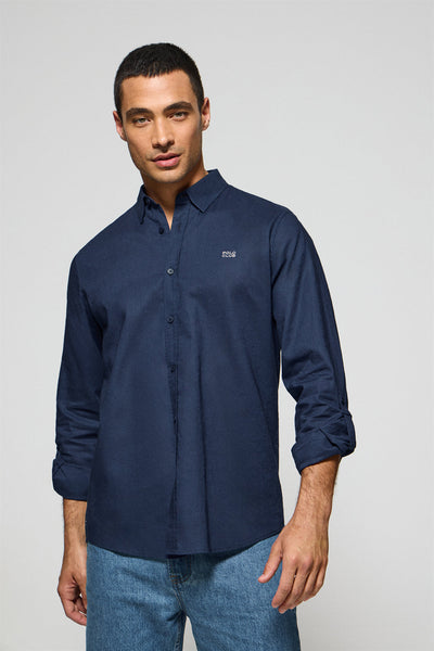 polo club Marineblauw regular fit hemd van linnen en katoen met geborduurd logo