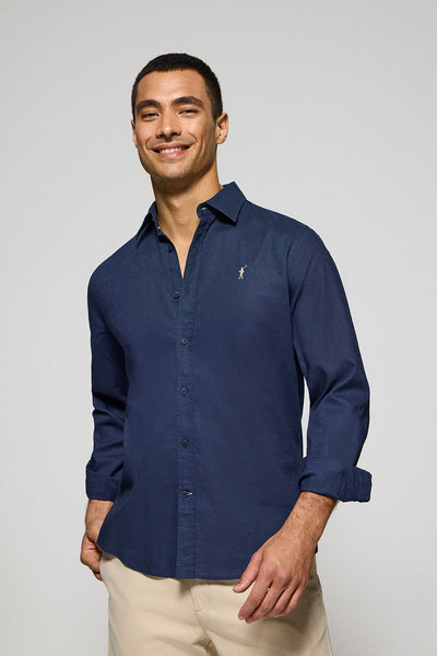 polo club Marineblauw regular fit hemd van linnen en katoen met geborduurd Rigby Go-logo