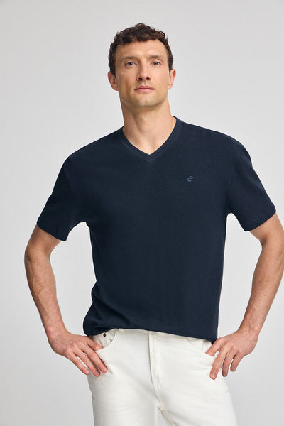 polo club Marineblauw T-shirt van linnen en katoen met V-hals en geborduurd monogram