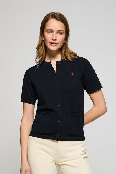 polo club Marineblauwe cardigan met korte mouwen knoopsluiting en geborduurd Rigby Go-logo