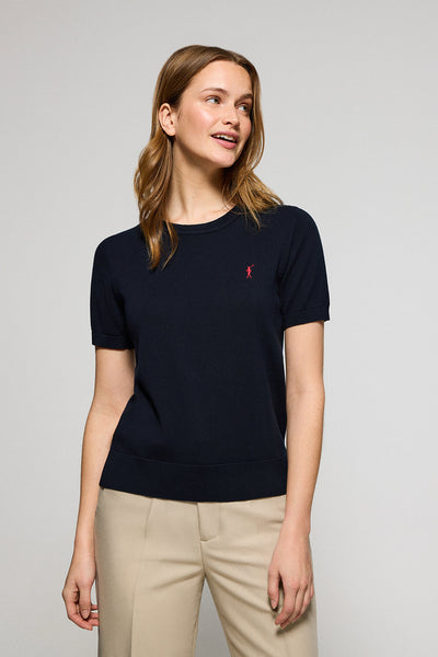 polo club Marineblauwe gebreide trui met korte mouwen ronde hals en geborduurd Rigby Go-logo