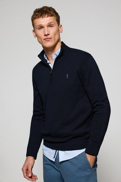 polo club Marineblauwe gebreide trui met ritssluiting en geborduurd Rigby Best-logo