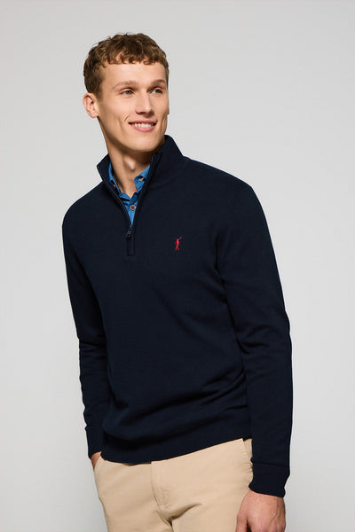 polo club Marineblauwe gebreide trui met ritssluiting en geborduurd Rigby Go-logo