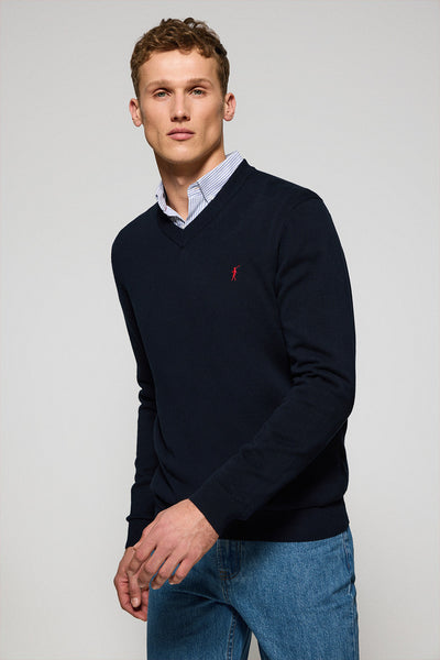 polo club Marineblauwe gebreide trui met V-hals en geborduurd Rigby Go-logo