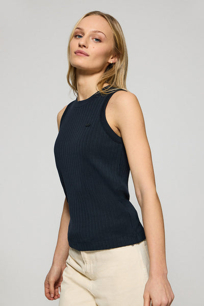 polo club Marineblauwe geribde top “Tamika" met parelmoeren Polo Club-detail