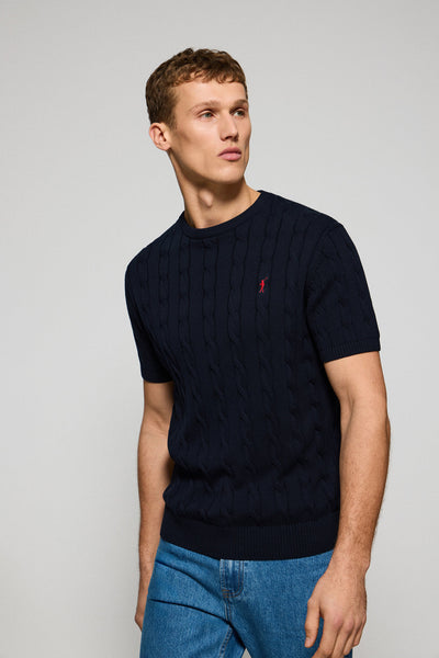 polo club Marineblauwe kabeltrui met korte mouwen en geborduurd logo