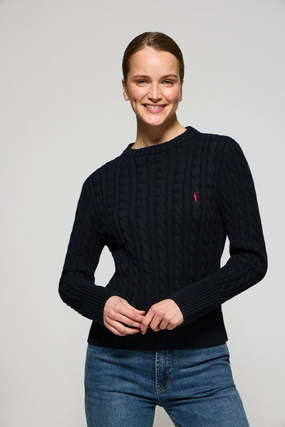 polo club Marineblauwe kabeltrui met ronde hals en geborduurd Rigby Go-logo