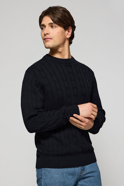 polo club Marineblauwe kabeltrui met ronde hals en geborduurd Rigby Go-logo