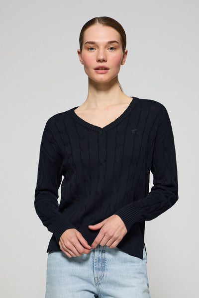 polo club Marineblauwe kabeltrui met V-hals en geborduurd monogram