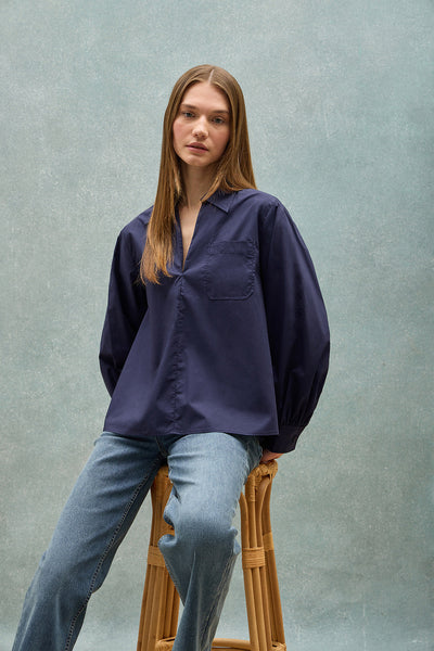 polo club Marineblauwe katoenen blouse Solar met geborduurd detail