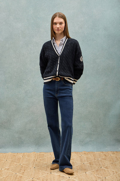 polo club Marineblauwe korte kabelcardigan met nautischdetail