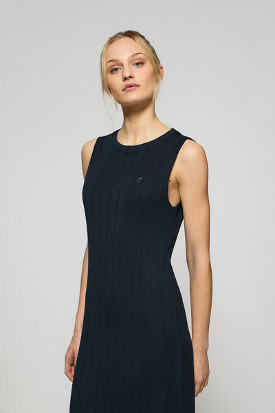 polo club Marineblauwe lange en geribde jurk met geborduurd monogram