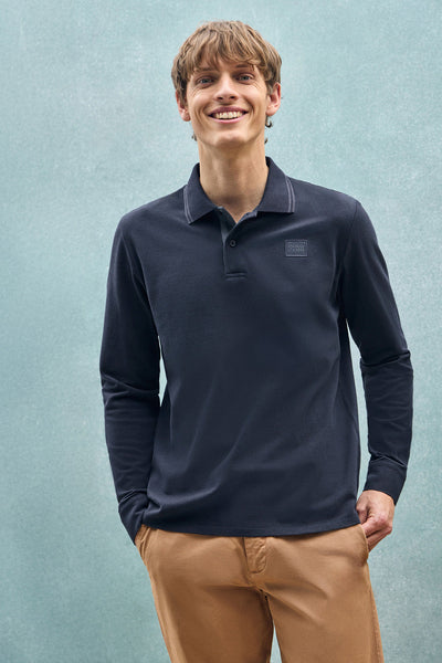 polo club Marineblauwe polo met lange mouwen twee knopen en logopatch