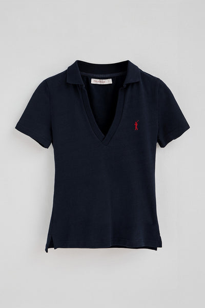 polo club Marineblauwe polo van katoen en linnen zonder knopen met geborduurd Rigby Go-logo