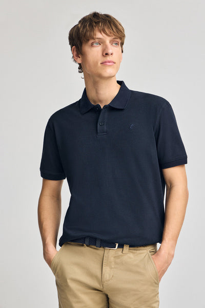 polo club Marineblauwe polo van linnen en katoen met twee knopen en geborduurd monogram