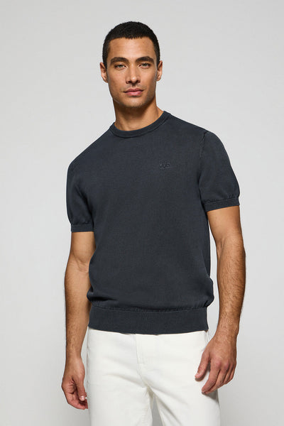 polo club Marineblauwe trui met korte mouwen garment dye en geborduurd logo