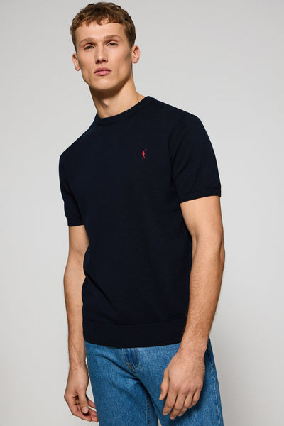 polo club Marineblauwe trui met korte mouwen ronde hals en geborduurd logo