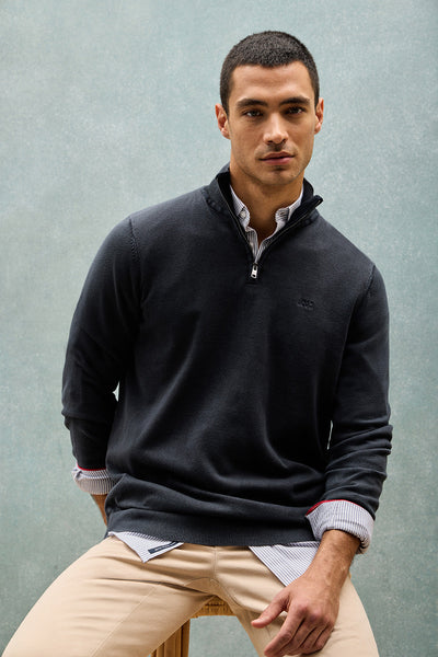 polo club Marineblauwe trui met korte ritssluiting garment dye en geborduurd logo