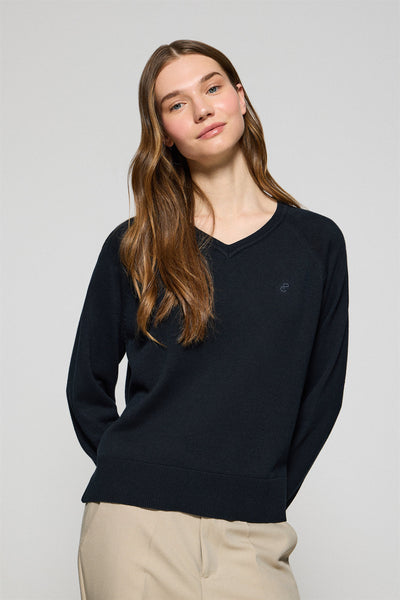 polo club Marineblauwe trui van katoen en linnen met V-hals en geborduurd monogram