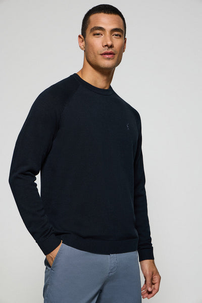 polo club Marineblauwe trui van linnen en katoen met ronde hals en geborduurd Rigby Go-logo