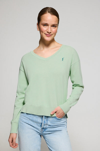 polo club Mintgroene gebreide trui met V-hals en geborduurd Rigby Go-logo
