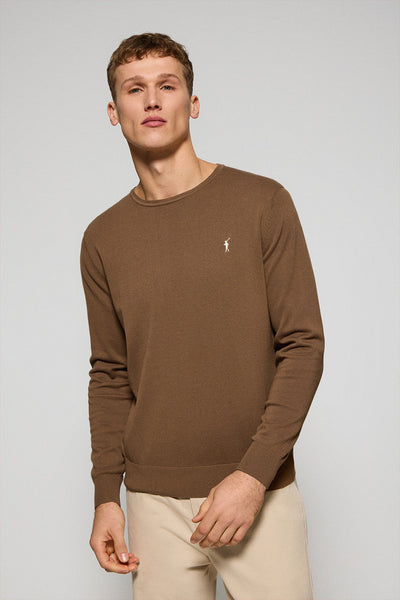 polo club Mokkakleurige gebreide trui met ronde hals en geborduurd Rigby Go-logo