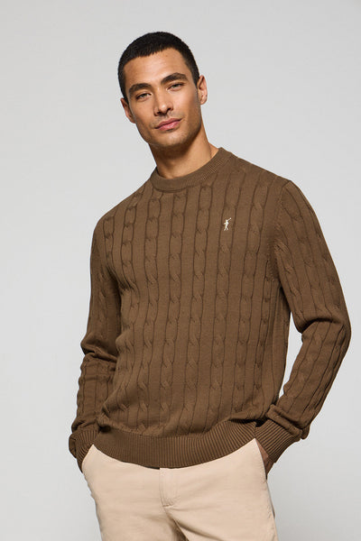 polo club Mokkakleurige kabeltrui met ronde hals en geborduurd Rigby Go-logo