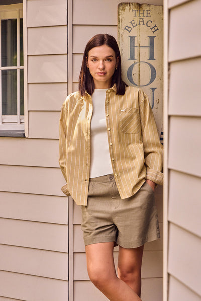 polo club Mosterdkleur loose fit hemd Scarlet met strepen en een parelmoeren knoop